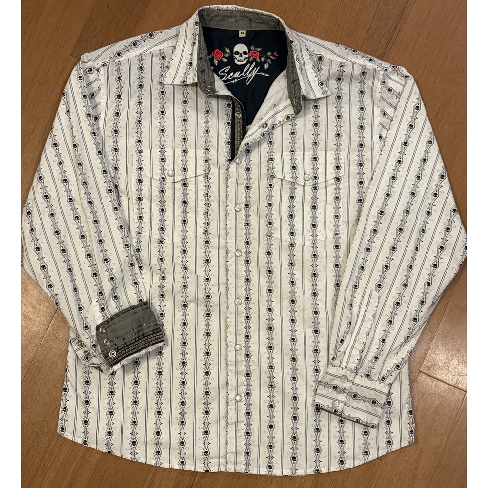 Scully Mens White Black Skull Stripe Western Pearl Snap Shirt Medium Embroidered